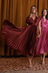 Wine Satin Pleated Midi Dress